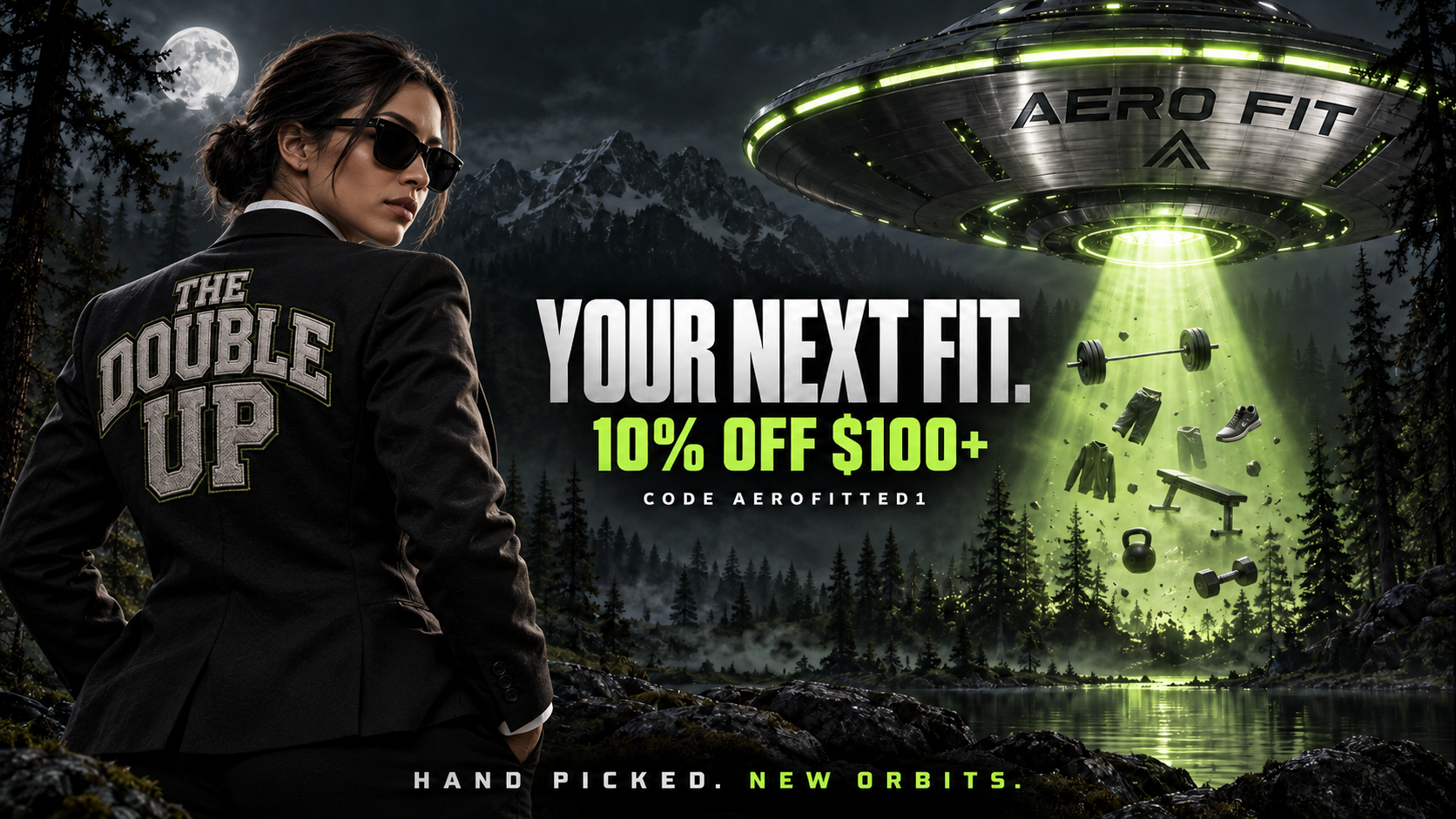 The Double Up female agent beside the Aero Fit UFO over a moonlit forest